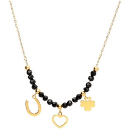 Naszyjnik srebrny 925 pozłacany Koniczynka Serce Podkowa czarne kulki