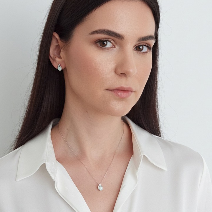 Komplet srebrny 925 łezka kropla Rodowany Opal Biały Cyrkonia